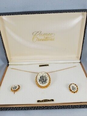 Cameo Creations genuine ivory hand carved pendant necklace and earrings set